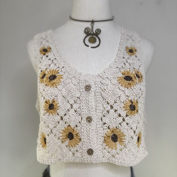 Vtg Crochet Sunflower Crop Top Cami Tank Hippie Indie Boho Fairy Cottage NWT Y2K - Picture 2 of 7